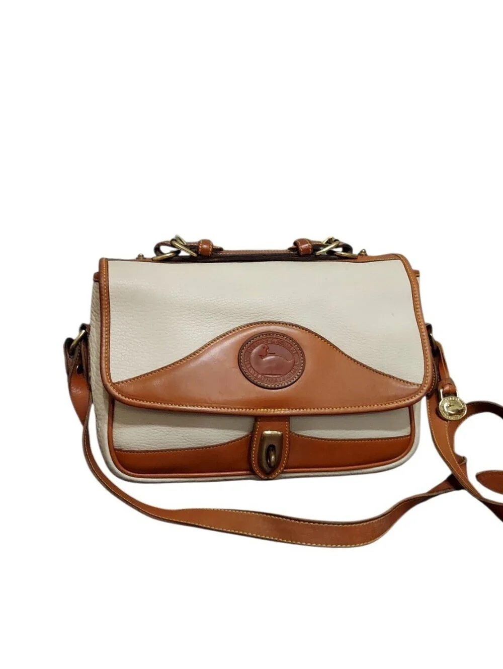 Dooney & Bourke R701 Carrier Bone & British Tan  Leather Shoulder Bag 1990's